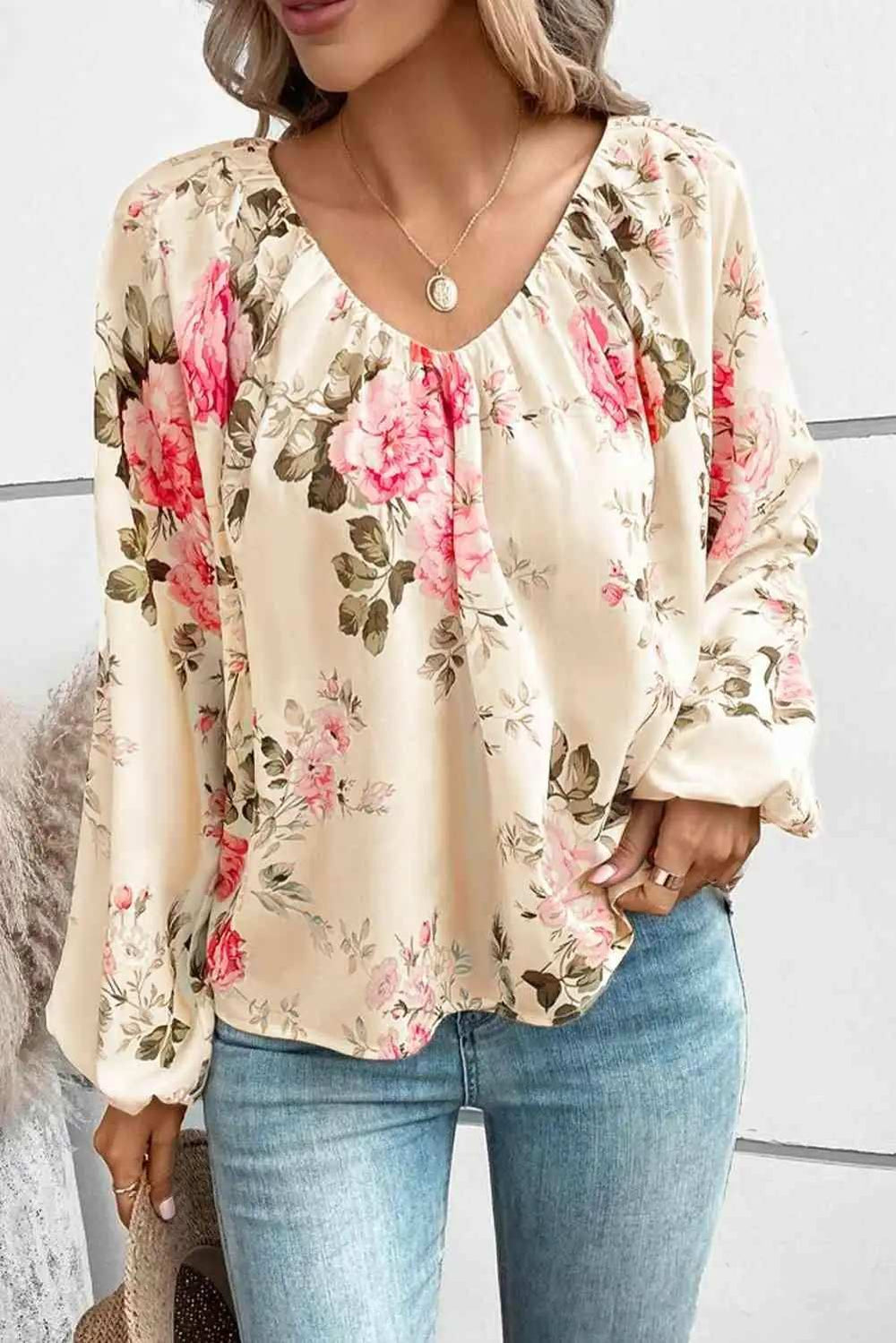 Floral V-Neck Balloon Sleeve Blouse - Trendsi - Flyclothing LLC