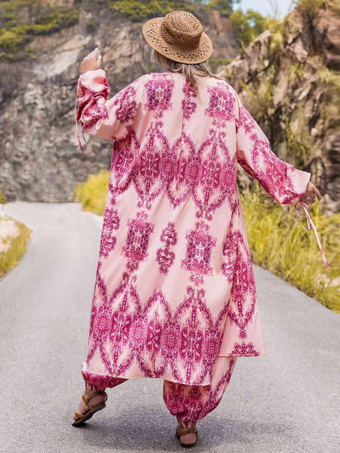 Plus Size Open Front Cardigan and Pants Set - Trendsi - Flyclothing LLC