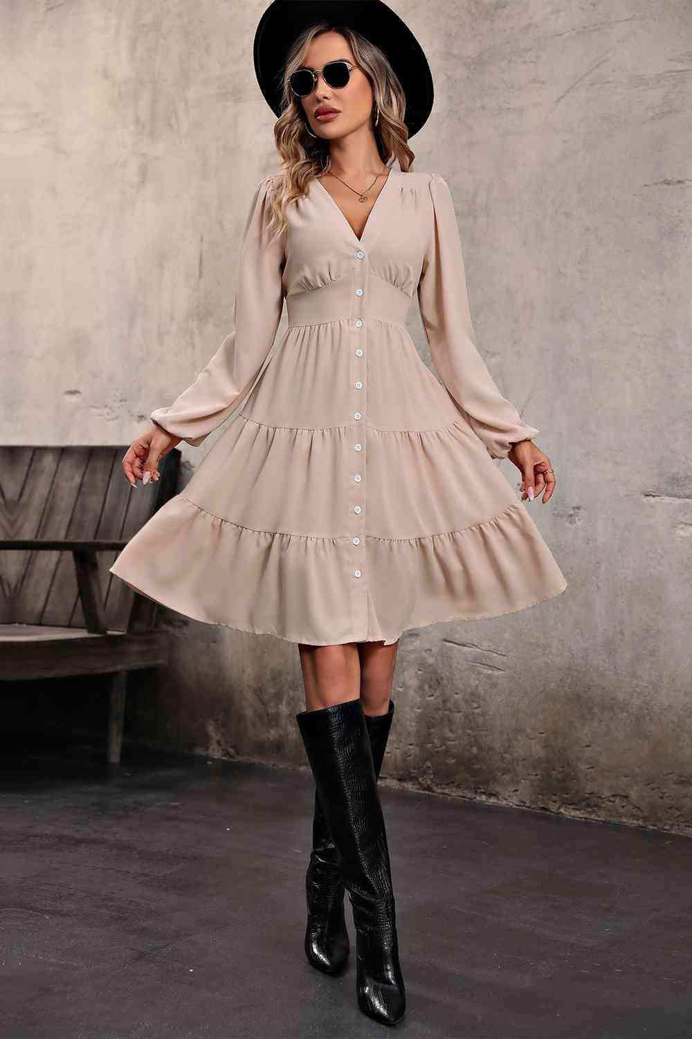 V Neck Button Up Tiered Dress - Trendsi - Flyclothing LLC