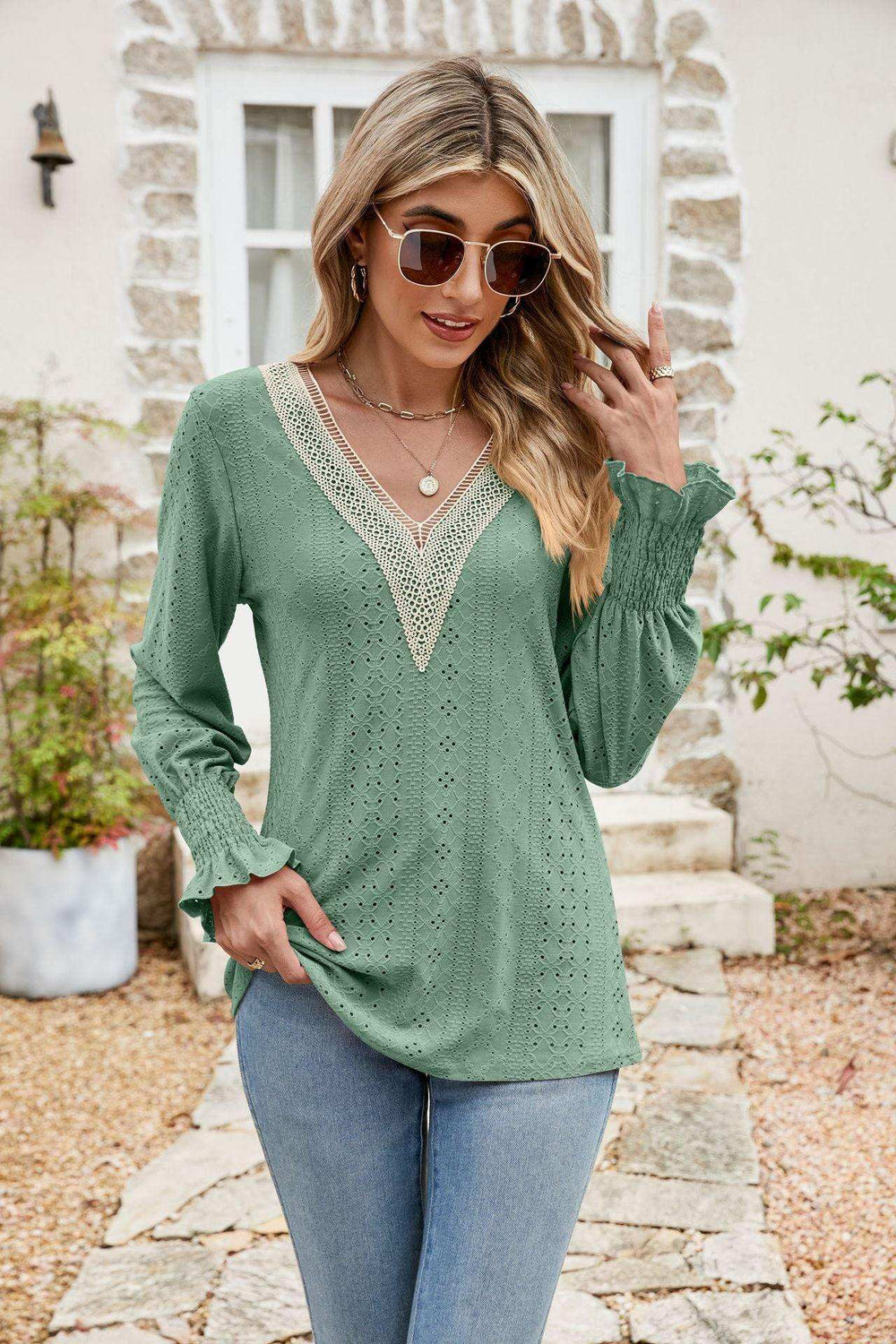 Eyelet V-Neck Smocked Flounce Sleeve Blouse - Trendsi - Flyclothing LLC