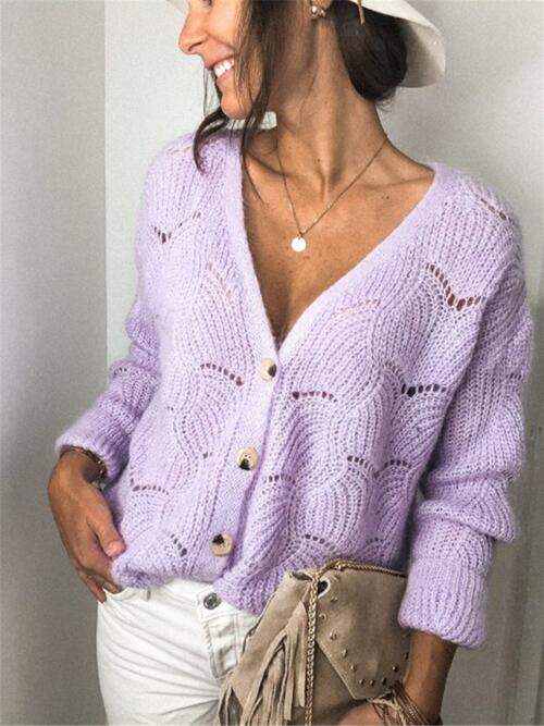 Openwork Button Up Long Sleeve Cardigan - Trendsi - Flyclothing LLC