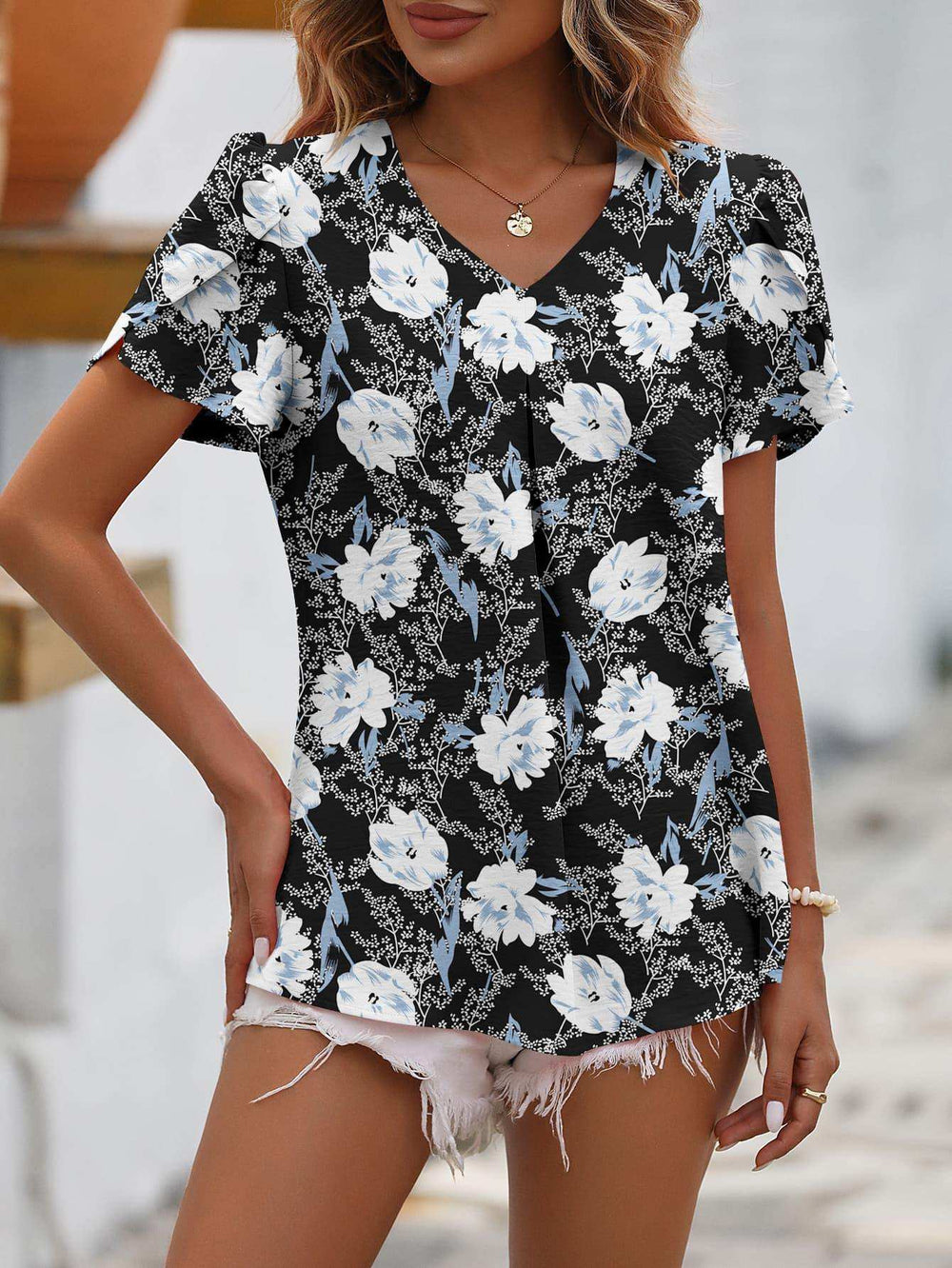 Ruche V-Neck Petal Sleeve Top - Trendsi - Flyclothing LLC