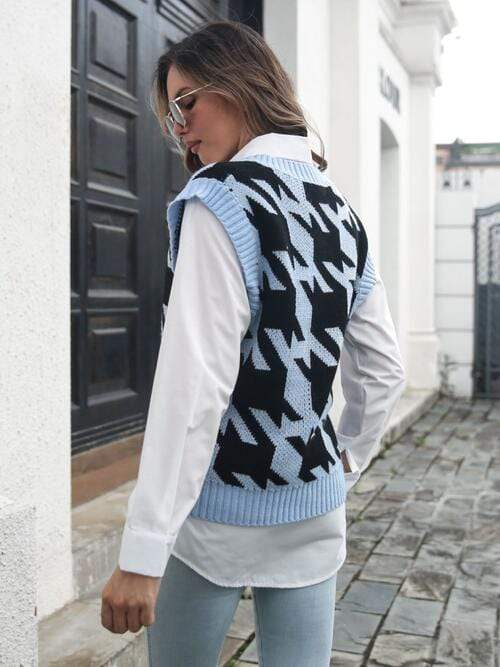 Houndstooth V-Neck Sweater Vest - Trendsi - Flyclothing LLC
