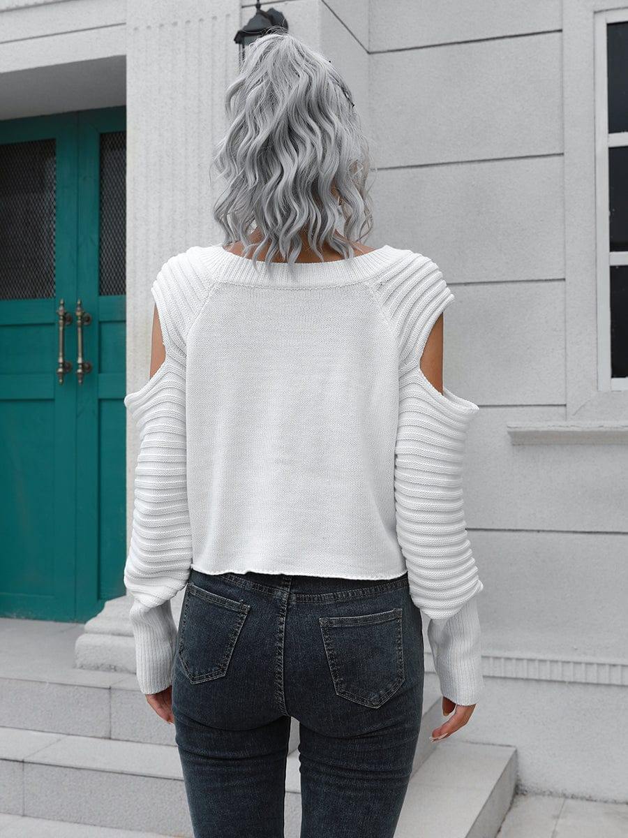 Cold-Shoulder Ribbed Trim Sweater - Trendsi