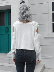 Cold-Shoulder Ribbed Trim Sweater - Trendsi