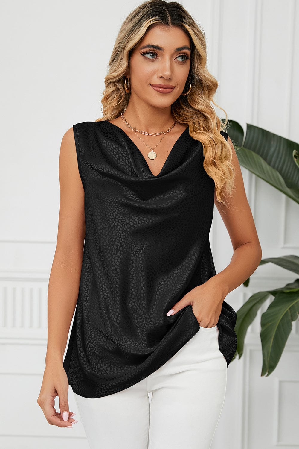 Ruched Cowl Neck Tank - Trendsi