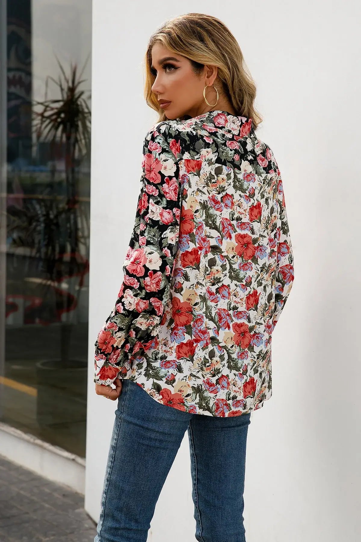 Floral Print Collared Neck Long Sleeve Shirt - Trendsi - Flyclothing LLC