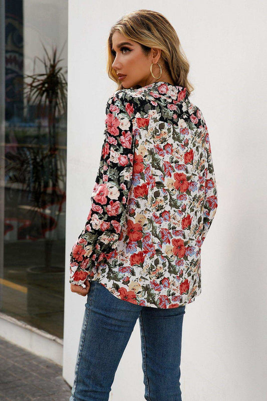 Floral Print Collared Neck Long Sleeve Shirt - Trendsi - Flyclothing LLC