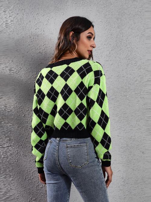 Geometric Button Up Long Sleeve Cardigan - Trendsi