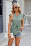 Eyelet Notched Cap Sleeve Blouse - Trendsi - Flyclothing LLC