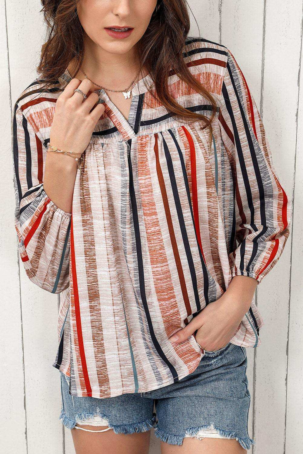 Multicolored Stripe Notched Neck Top - Trendsi - Flyclothing LLC