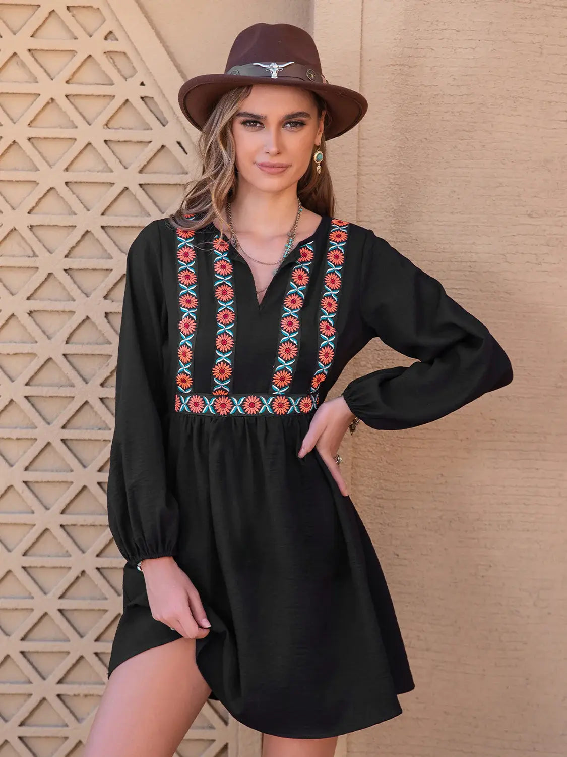 Notched Neck Long Sleeve Printed Mini Dress - Trendsi - Flyclothing LLC