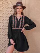 Notched Neck Long Sleeve Printed Mini Dress - Trendsi - Flyclothing LLC