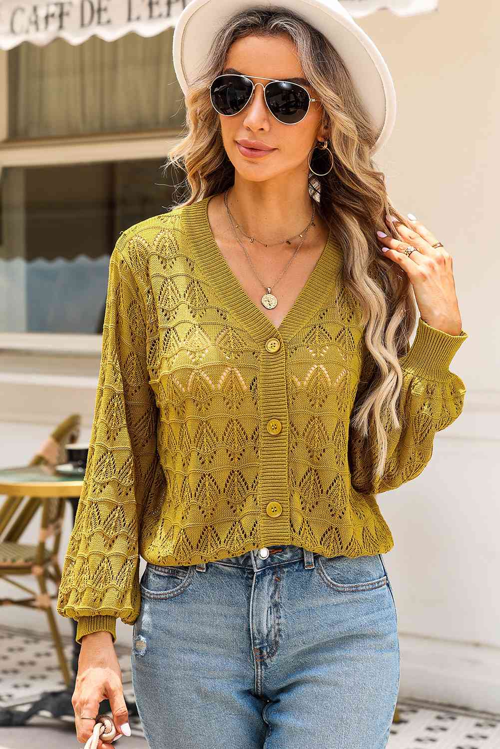 Openwork V-Neck Cardigan - Trendsi - Flyclothing LLC