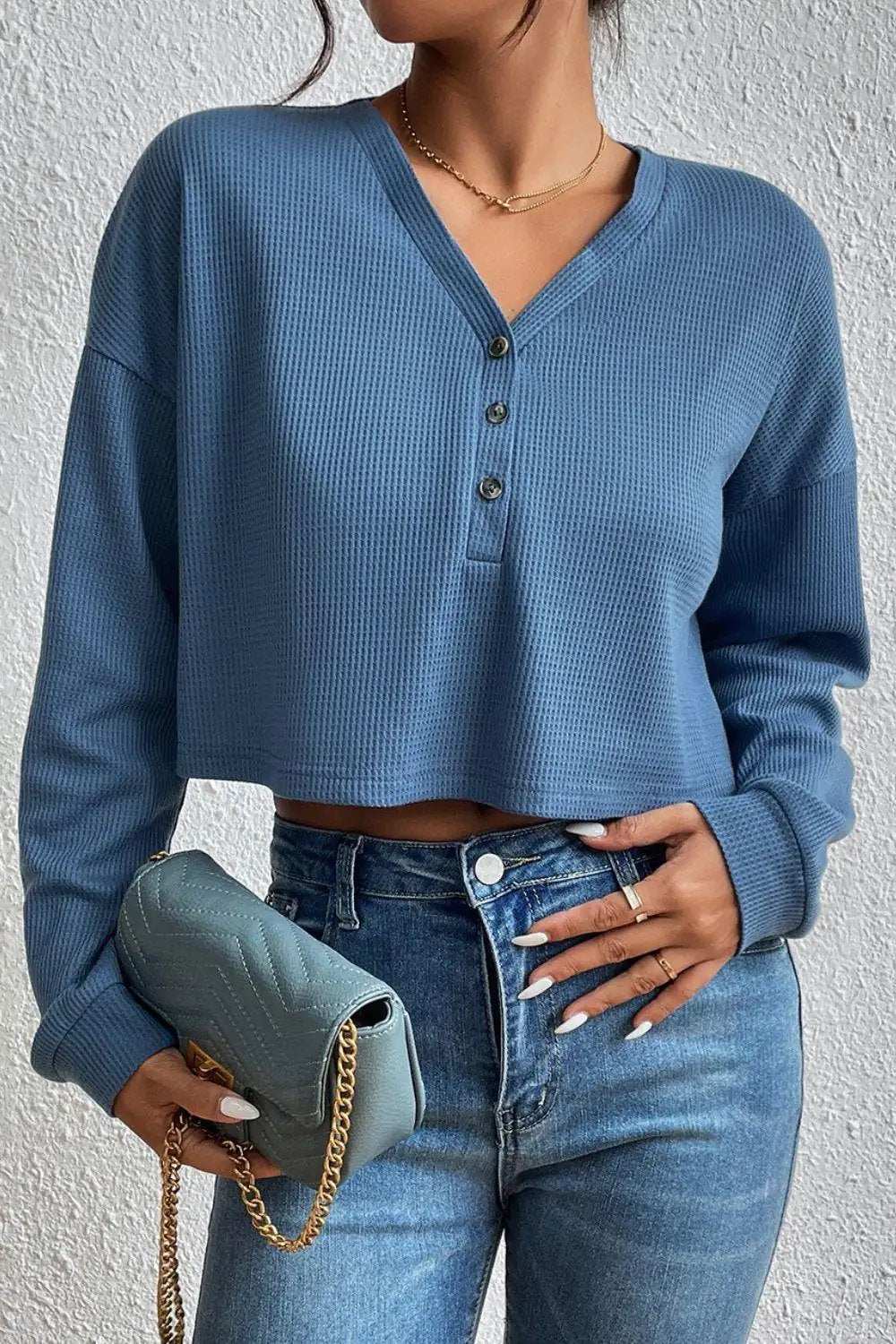 Cropped V-Neck Raglan Sleeve Buttoned Blouse - Trendsi - Flyclothing LLC