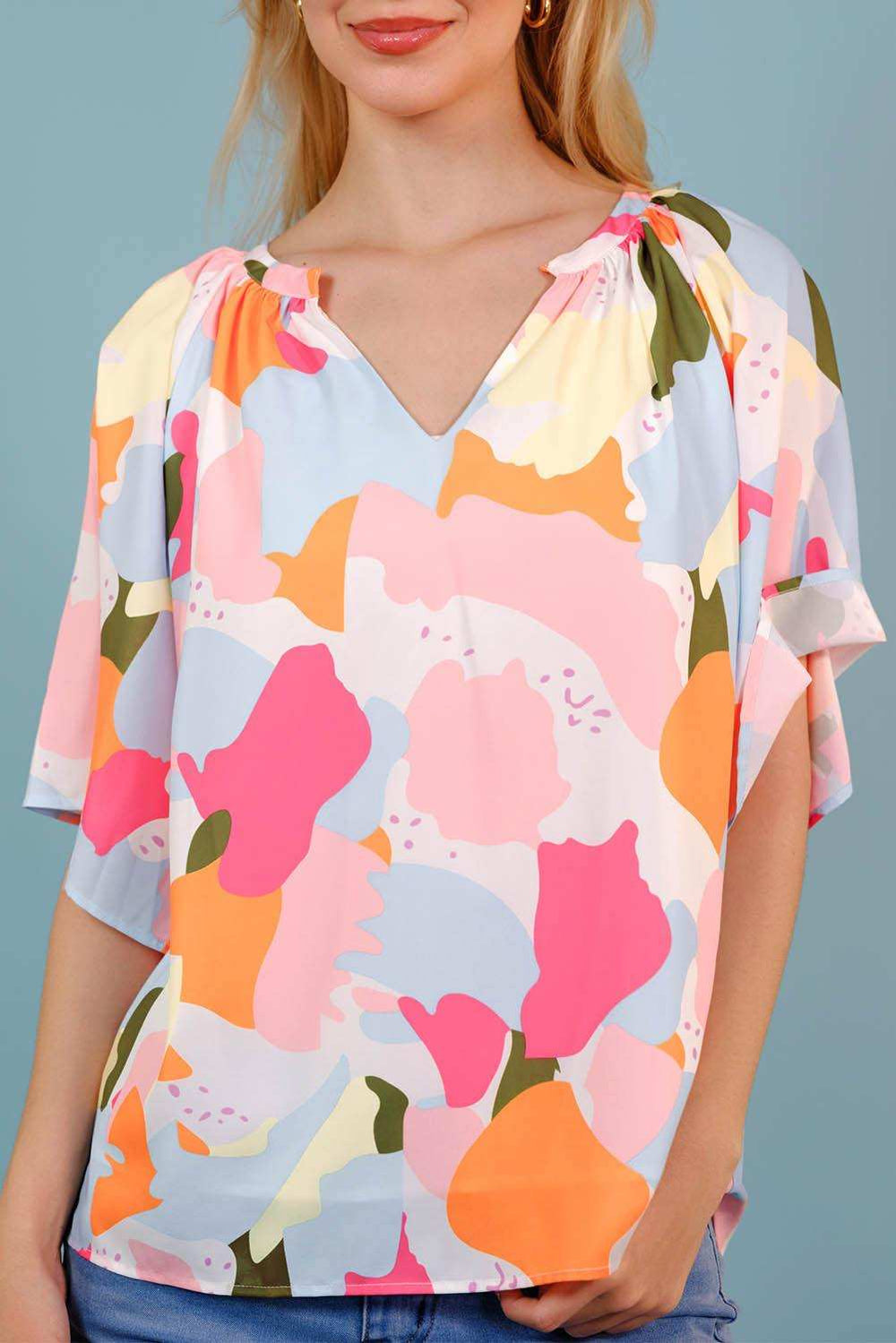 Printed Notched Neck Half Sleeve Blouse - Trendsi - Flyclothing LLC