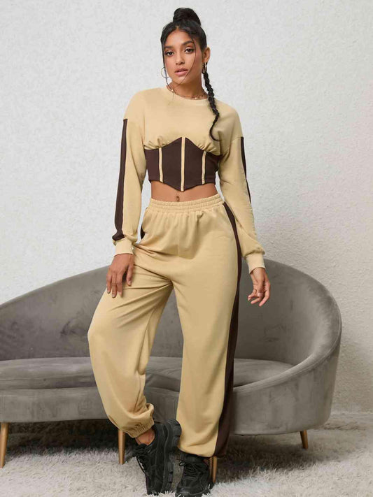 Contrast Sweatshirt and Sweatpants Set - Trendsi