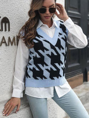 Houndstooth V-Neck Sweater Vest - Trendsi