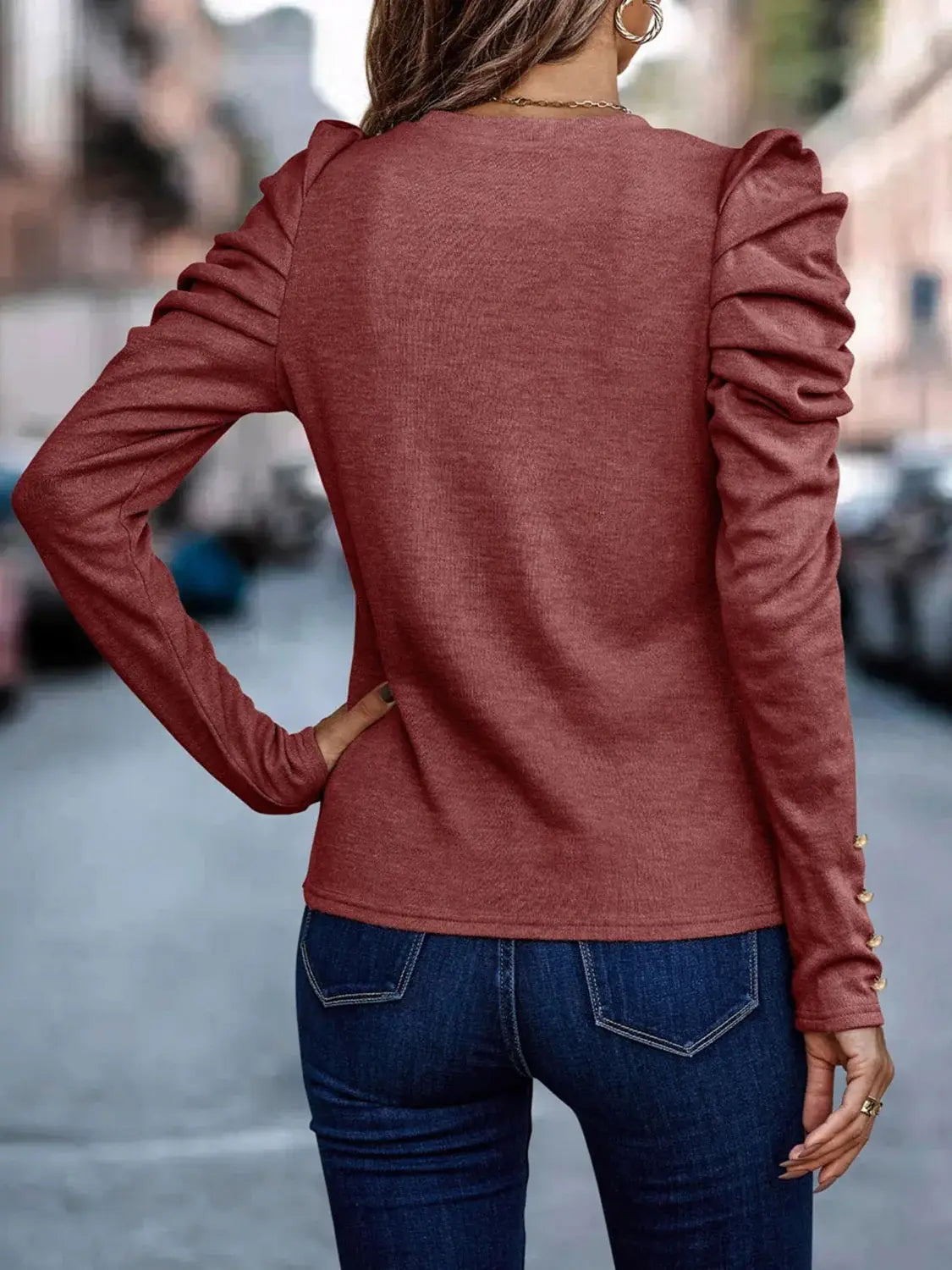 Decorative Button Puff Sleeve T-Shirt - Trendsi - Flyclothing LLC