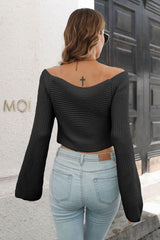 Cropped V-Neck Flare Sleeve Knit Top - Trendsi