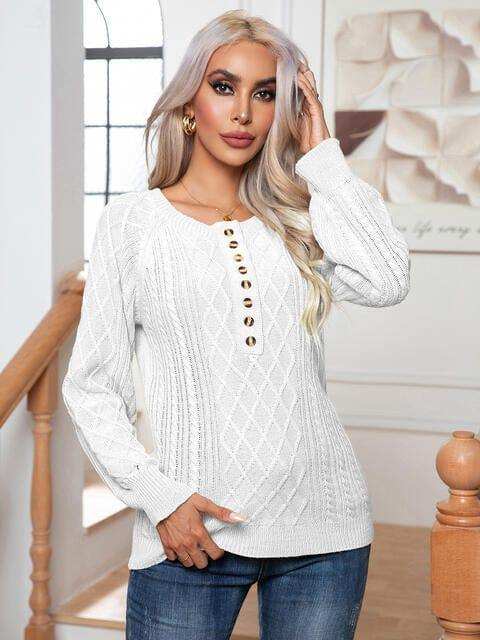 Cable-Knit Round Neck Buttoned Sweater - Trendsi - Flyclothing LLC
