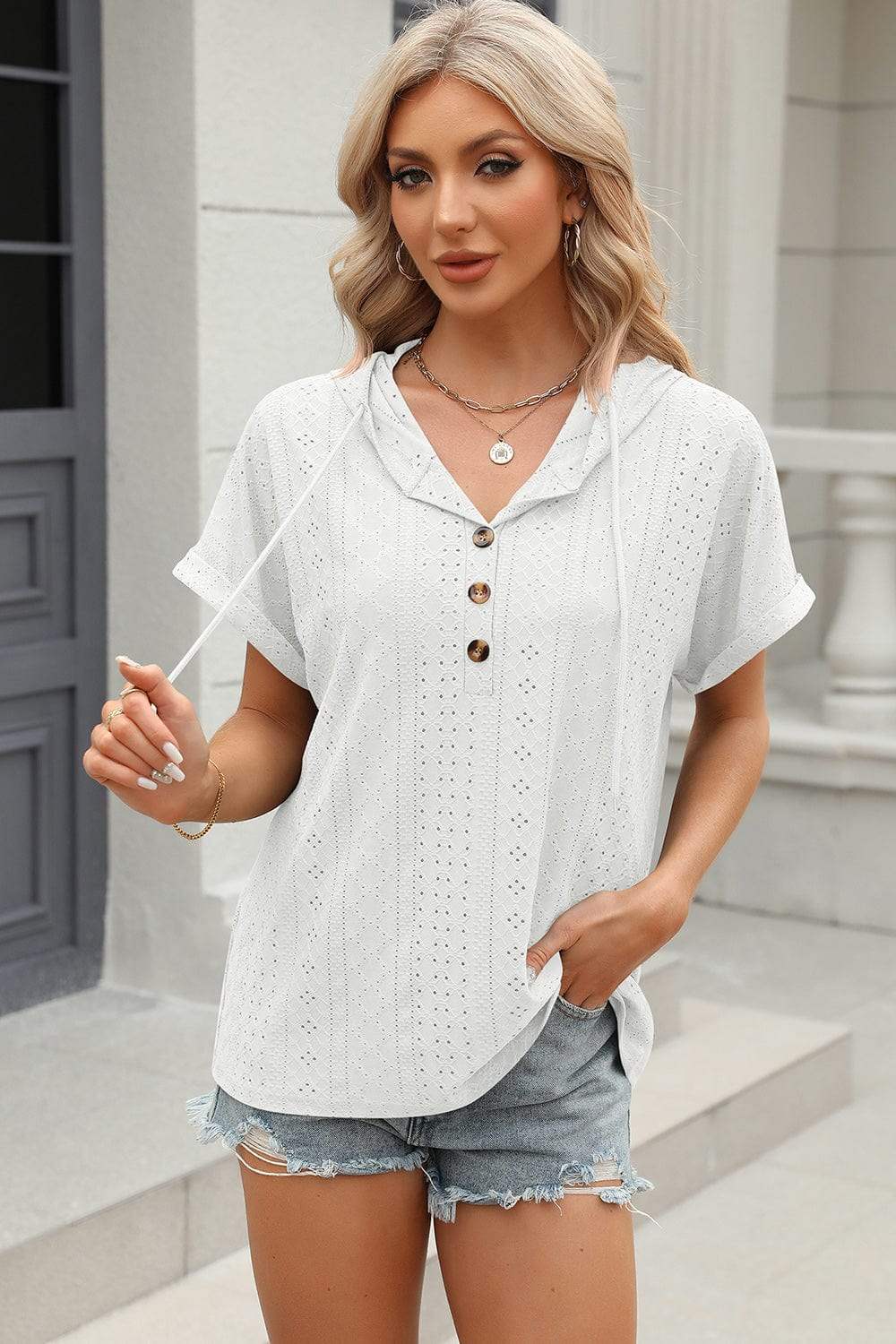 Eyelet Drawstring Hooded Short Sleeve Blouse - Trendsi - Flyclothing LLC