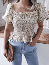 Frill Smocked Square Neck Short Sleeve Blouse - Trendsi - Flyclothing LLC