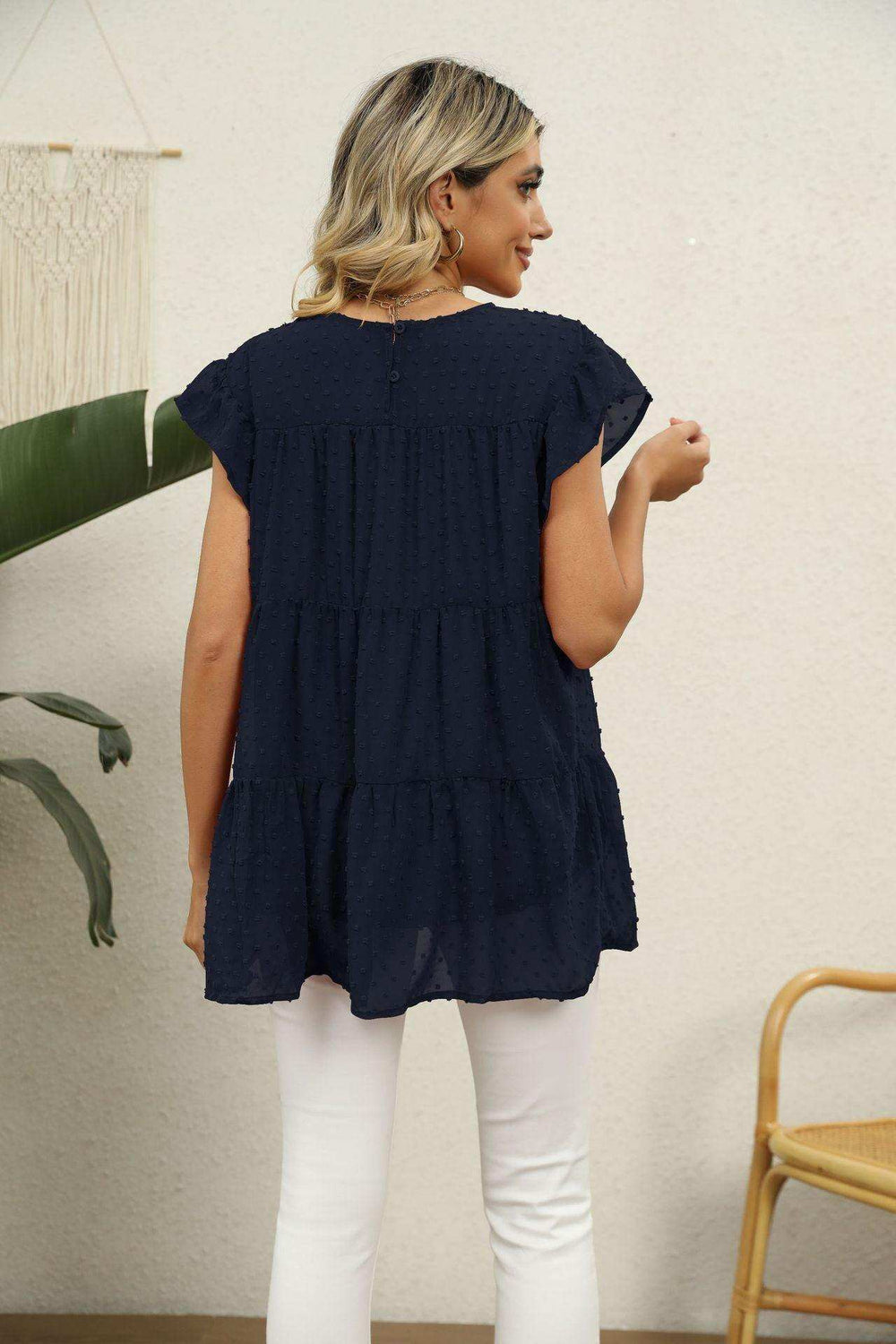 Swiss Dot Round Neck Tiered Blouse - Trendsi - Flyclothing LLC