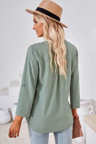 Notched Roll-Tab Sleeve T-Shirt - Trendsi - Flyclothing LLC