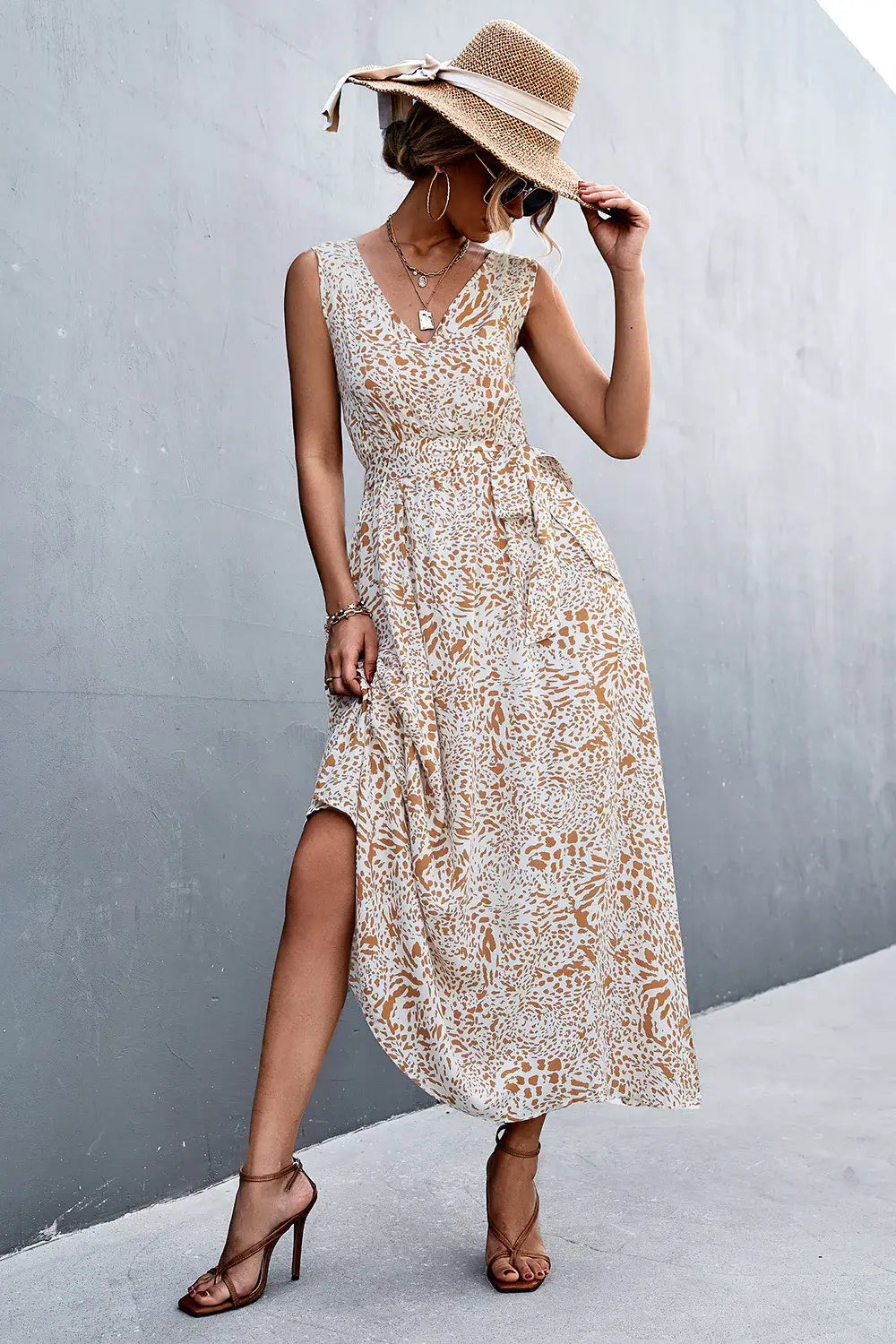 Printed V-Neck Tie Waist Maxi Dress - Trendsi - Flyclothing LLC