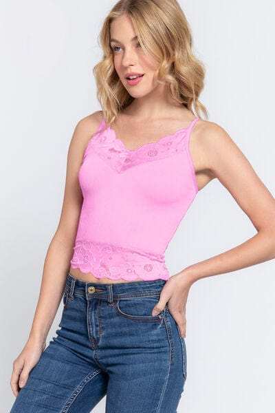 ACTIVE BASIC V-Neck Lace Detail Ribbed Seamless Cami - Trendsi - Flyclothing LLC