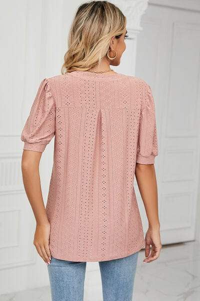 Eyelet Notched Short Sleeve T-Shirt - Trendsi - Flyclothing LLC