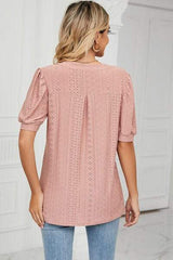 Eyelet Notched Short Sleeve T-Shirt - Trendsi - Flyclothing LLC