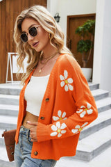 Floral Ribbed Trim Drop Shoulder Cardigan - Trendsi