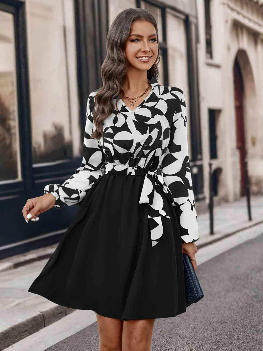 Contrast Notched Tie Front Long Sleeve Dress - Trendsi - Flyclothing LLC