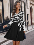 Contrast Notched Tie Front Long Sleeve Dress - Trendsi