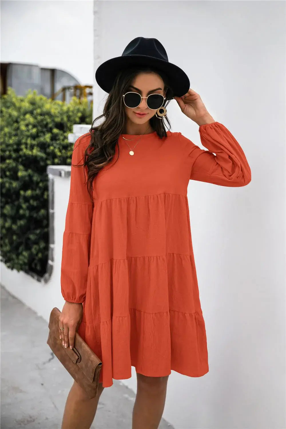 Balloon Sleeve Keyhole Tiered Dress - Trendsi - Flyclothing LLC