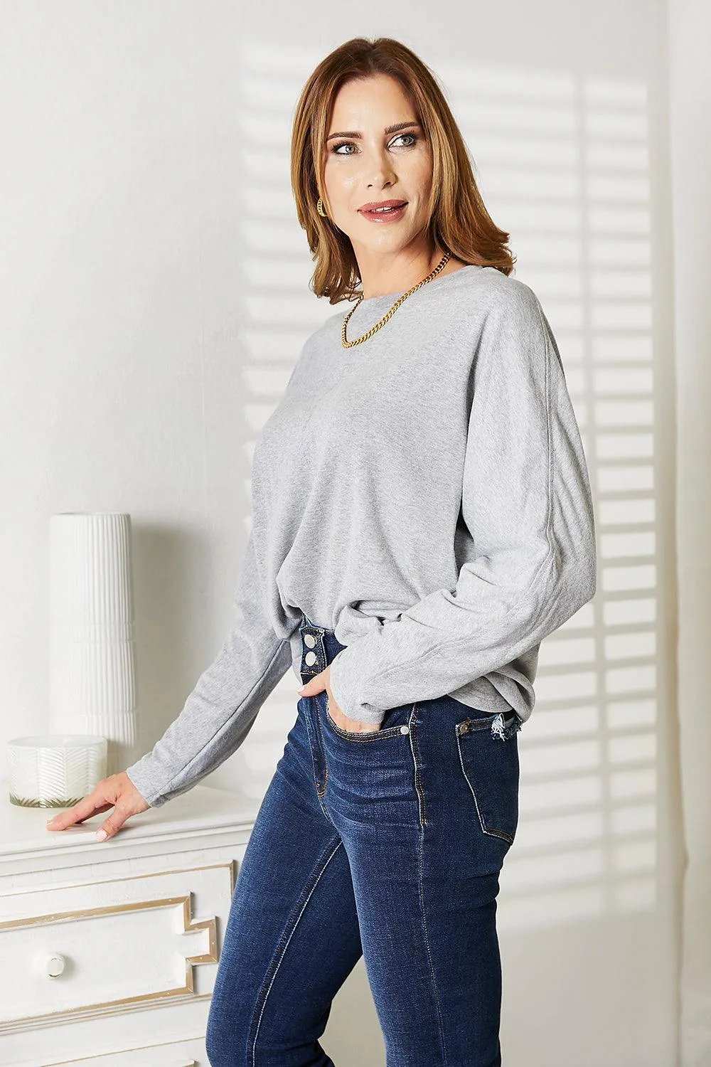 Double Take Seam Detail Round Neck Long Sleeve Top - Trendsi - Flyclothing LLC