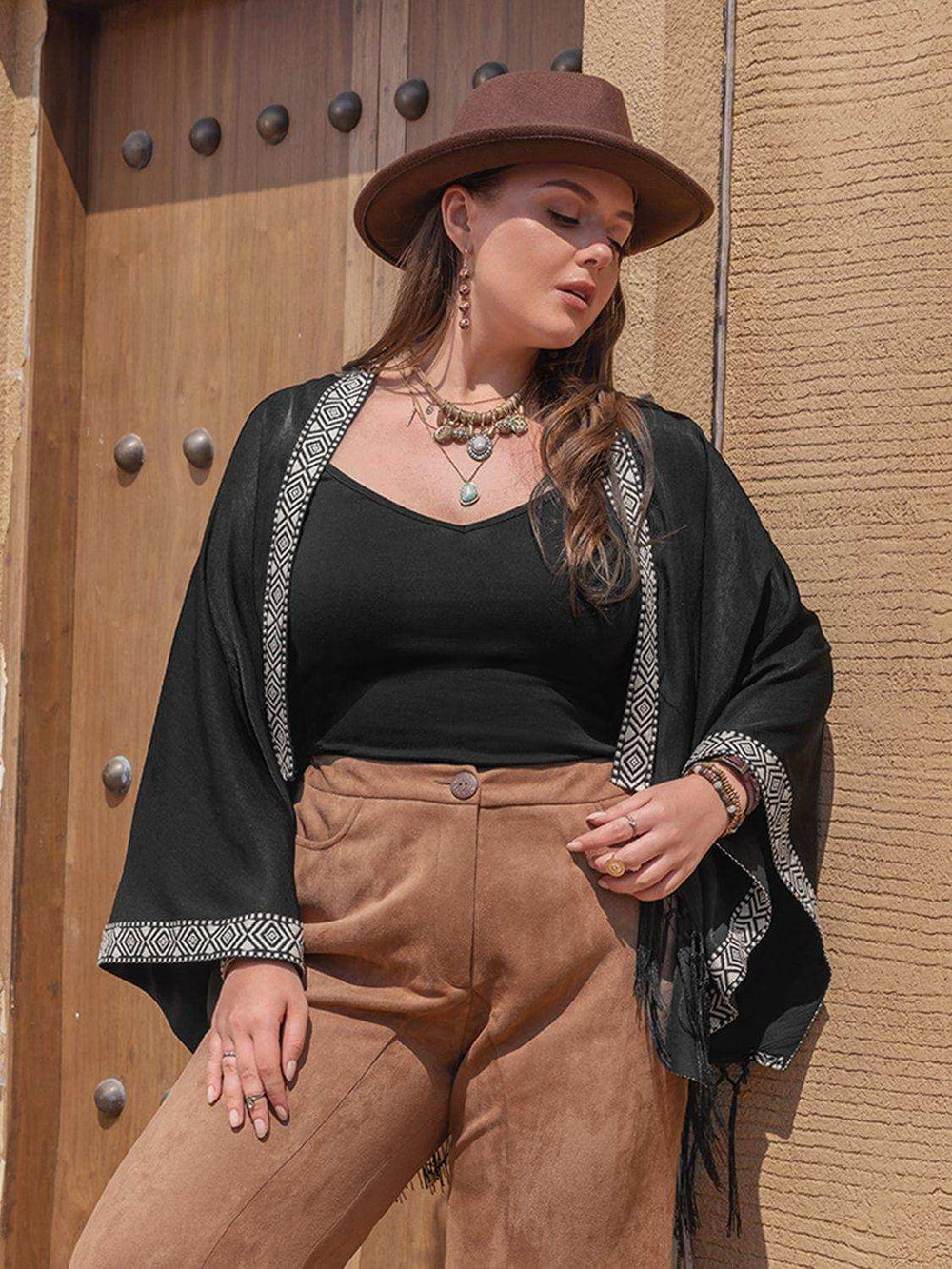 Plus Size Geometric Open Front Fringe Hem Cardigan - Trendsi - Flyclothing LLC