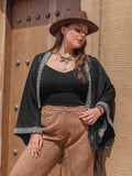 Plus Size Geometric Open Front Fringe Hem Cardigan - Trendsi