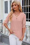 Eyelet Drawstring V-Neck Half Sleeve T-Shirt - Trendsi - Flyclothing LLC
