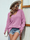 Distressed V-Neck Drop Shoulder Sweater - Trendsi