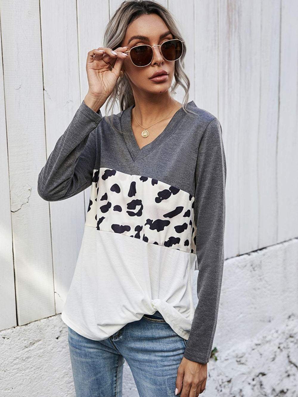 Leopard Color Block V-Neck Twisted Tee - Trendsi