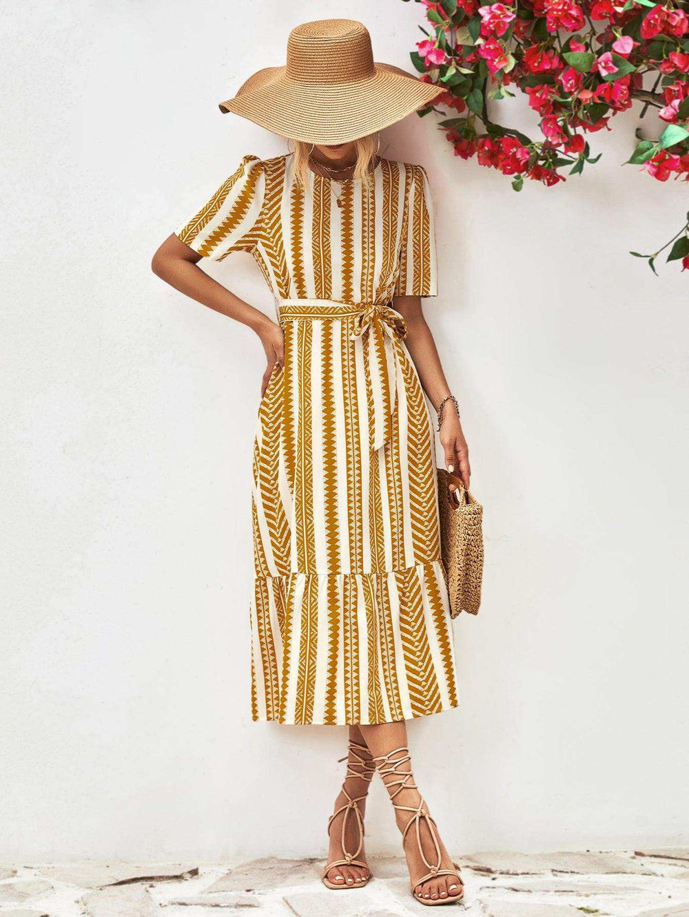 Striped Tie Belt Round Neck Puff Sleeve Dress - Trendsi - Flyclothing LLC