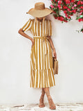 Striped Tie Belt Round Neck Puff Sleeve Dress - Trendsi