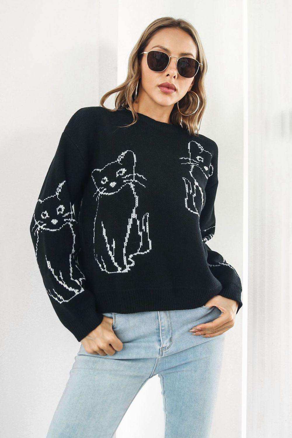 Cat Pattern Round Neck Long Sleeve Pullover Sweater - Trendsi