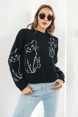 Cat Pattern Round Neck Long Sleeve Pullover Sweater - Trendsi