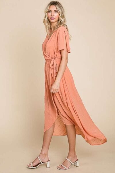 Culture Code Full Size Swiss Dot Tied Slit Short Sleeve Dress - Trendsi