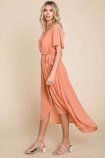 Culture Code Full Size Swiss Dot Tied Slit Short Sleeve Dress - Trendsi - Flyclothing LLC