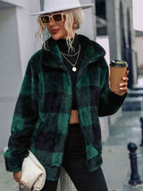 Plaid Zip-Up Collared Jacket - Trendsi - Flyclothing LLC